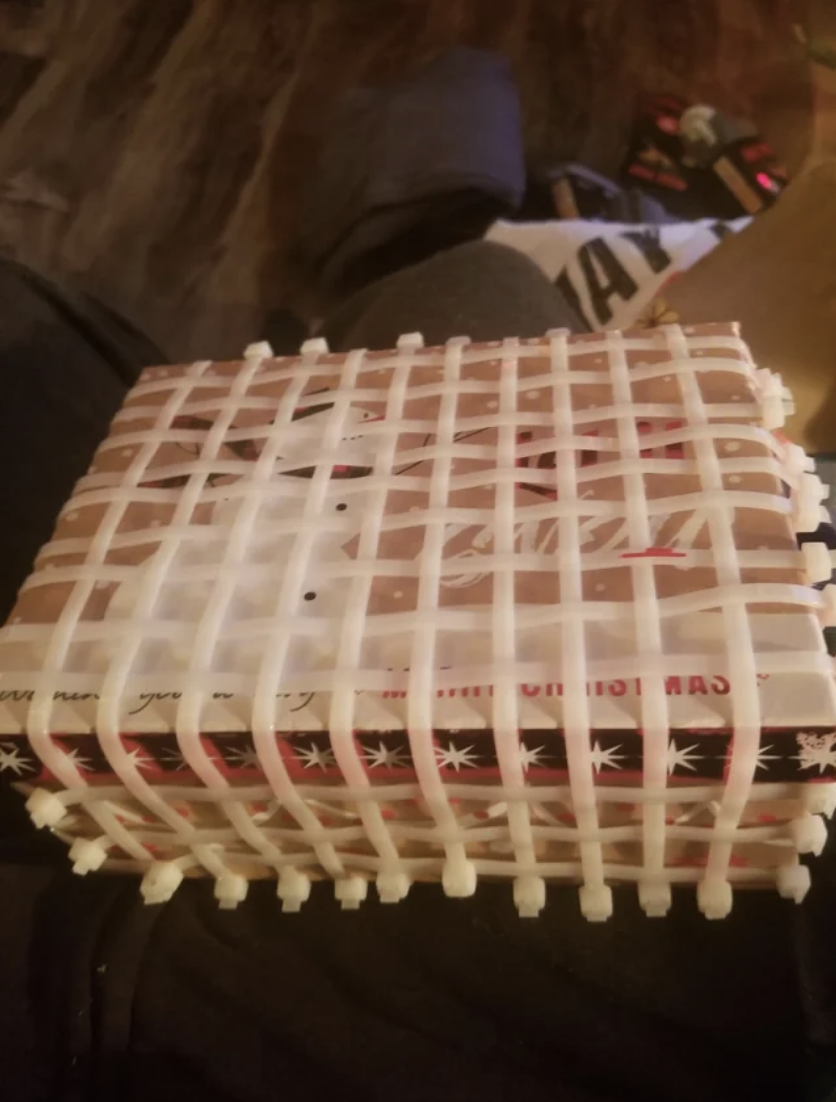 A present wrapped in zip ties