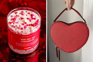 a candle with tiny heart sprinkles and a hand dangling a heart shaped purse
