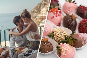 A women sitting on a man's lap on the Italian coast and chocolate covered strawberries.