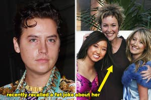 A closeup of Cole Sprouse vs Kim Rhodes hugs Brenda Song and Ashley Tisdale as they pose for a photo
