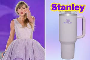 On the left, Taylor Swift, and on the right, a Stanley cup