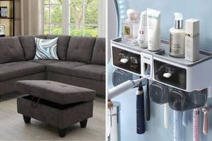 on left: grey L-shaped sectional. on right: toothpaste dispensing station with storage for skincare products