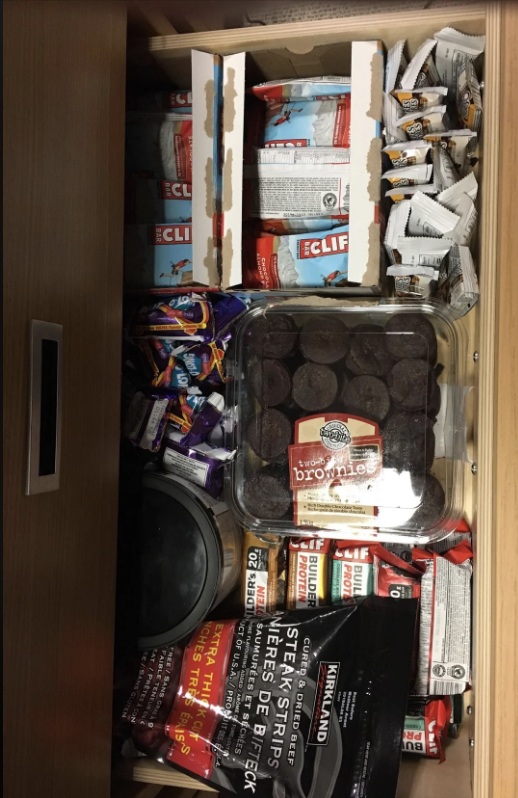 Many snacks in a crammed closet