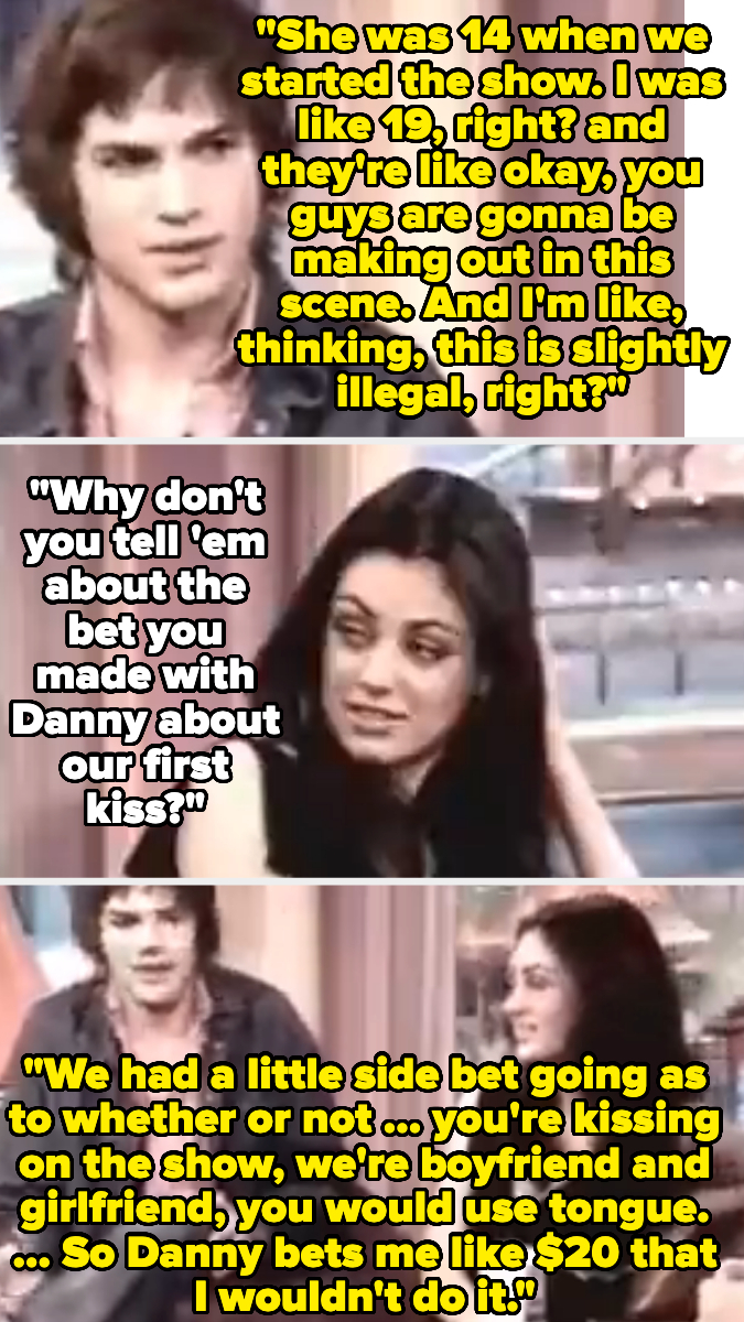 Ashton and Mila in an interview telling a story about the bet