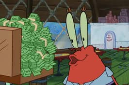 Mr. Krabs from SpongeBob looks at a suitcase full of money.