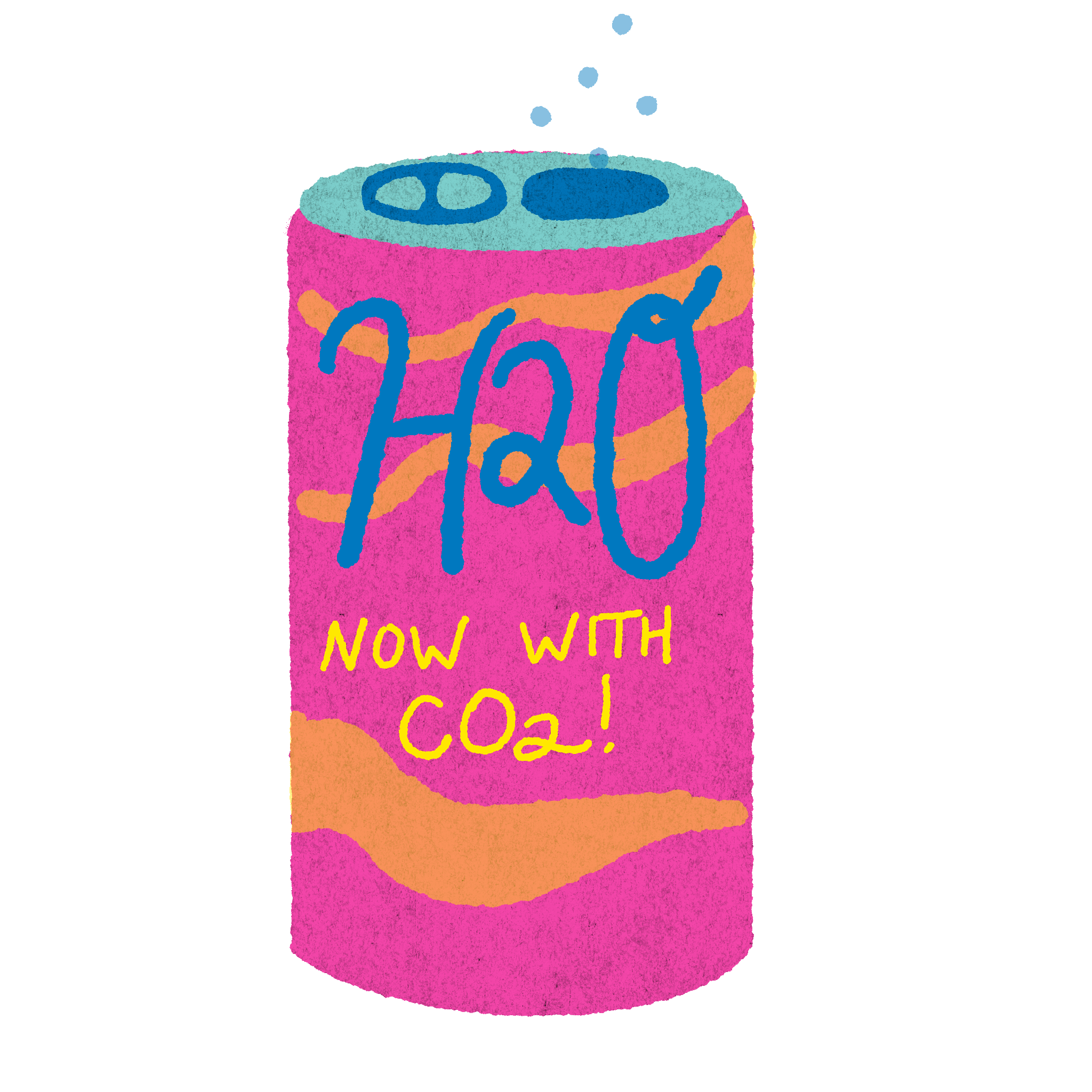 Illustrated soda can labeled &quot;H2O now with CO2!&quot;