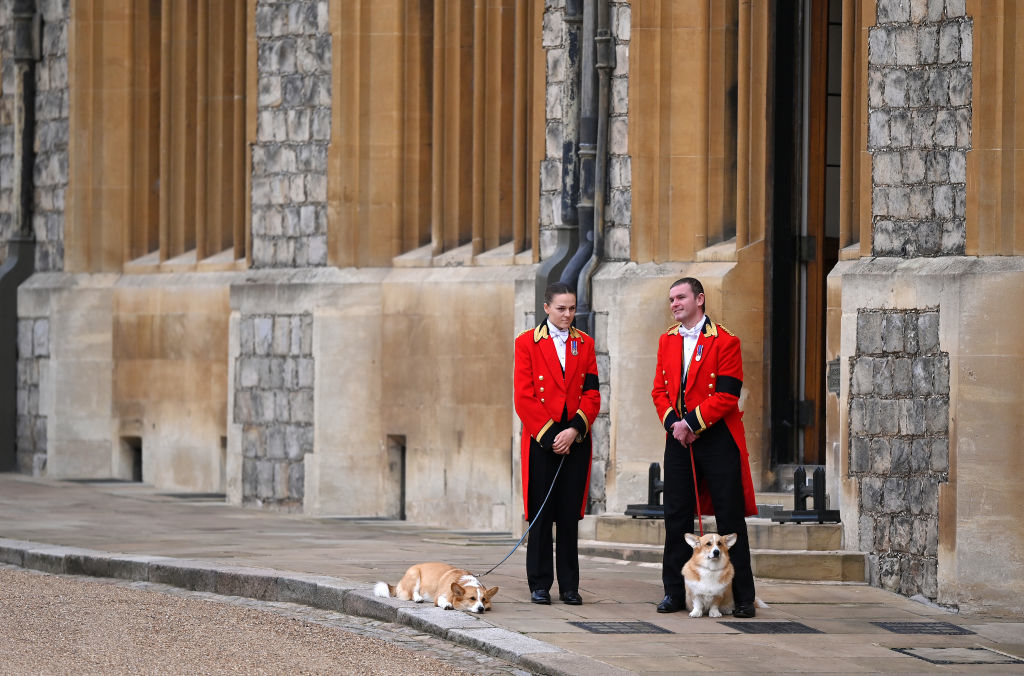 Two royal guards holding the leashes of the corgis.