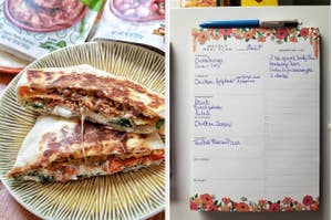 quesadillas made with packaged beans, meal planning notepad