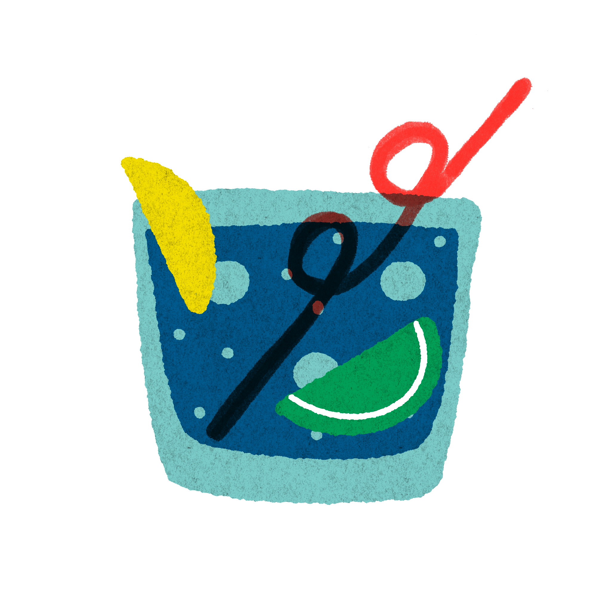 Illustration of a small glass of seltzer with lemon lime and a straw