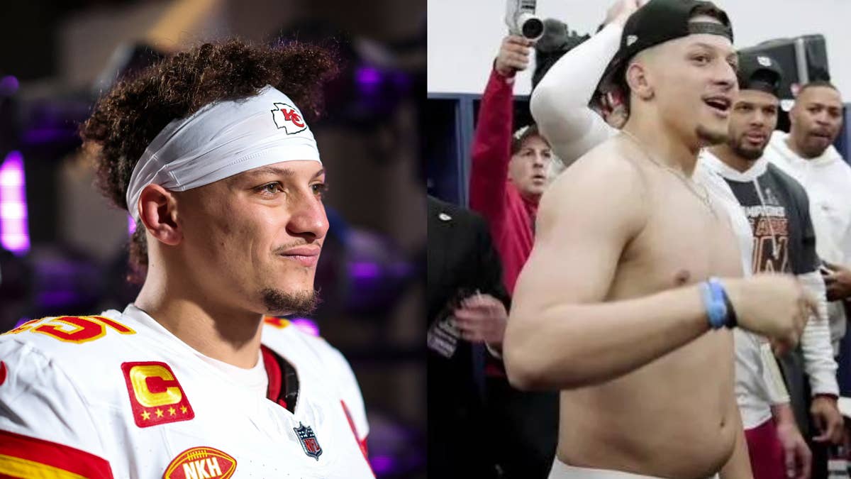 Mahomes was captured speaking to his team in the Chiefs locker room shirtless following their second consecutive AFC Championship win.