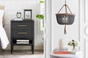 a nightstand and a beaded chandelier