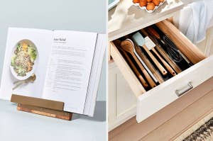 a cookbook holder and a drawer organizer