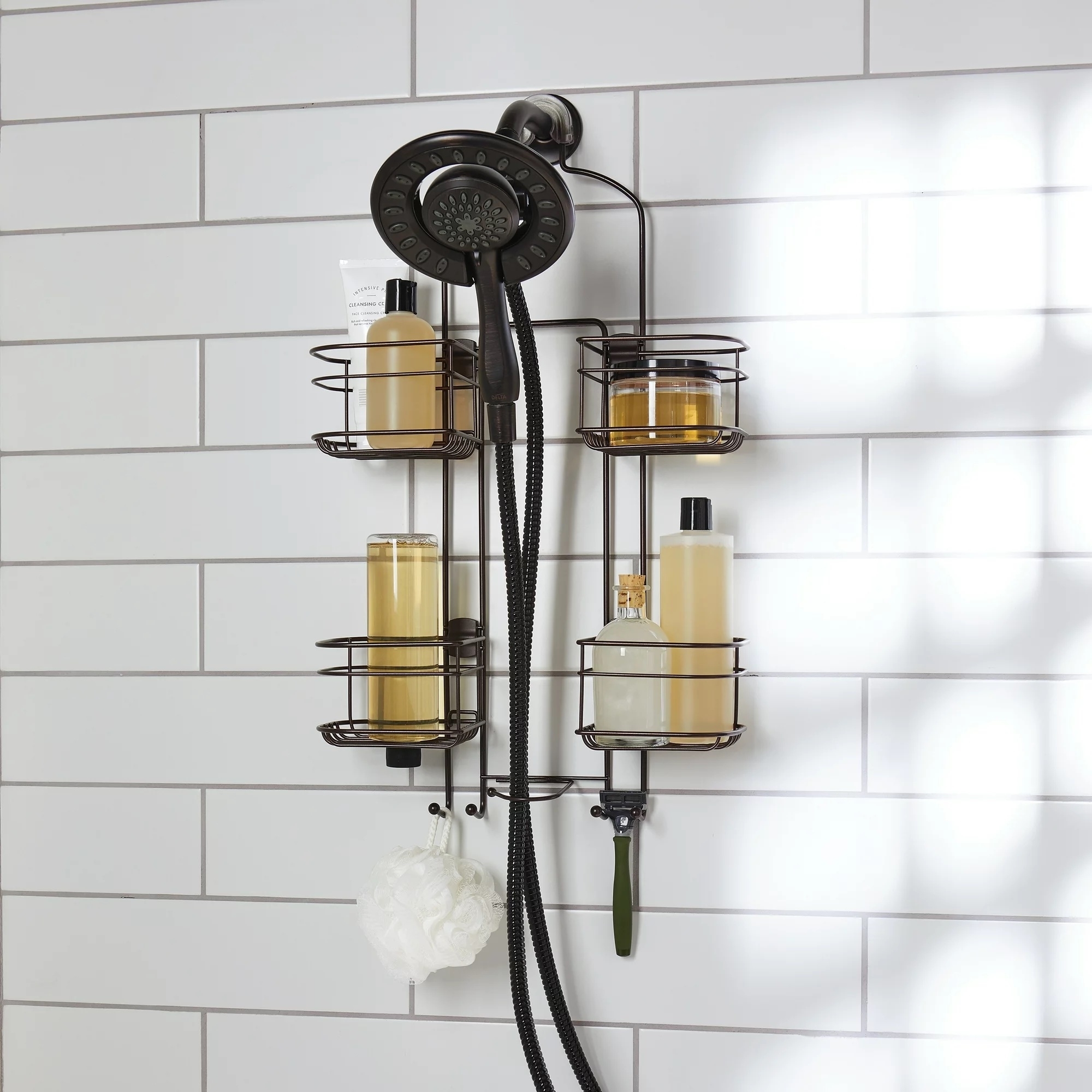 caddy attached to shower head and filled with products
