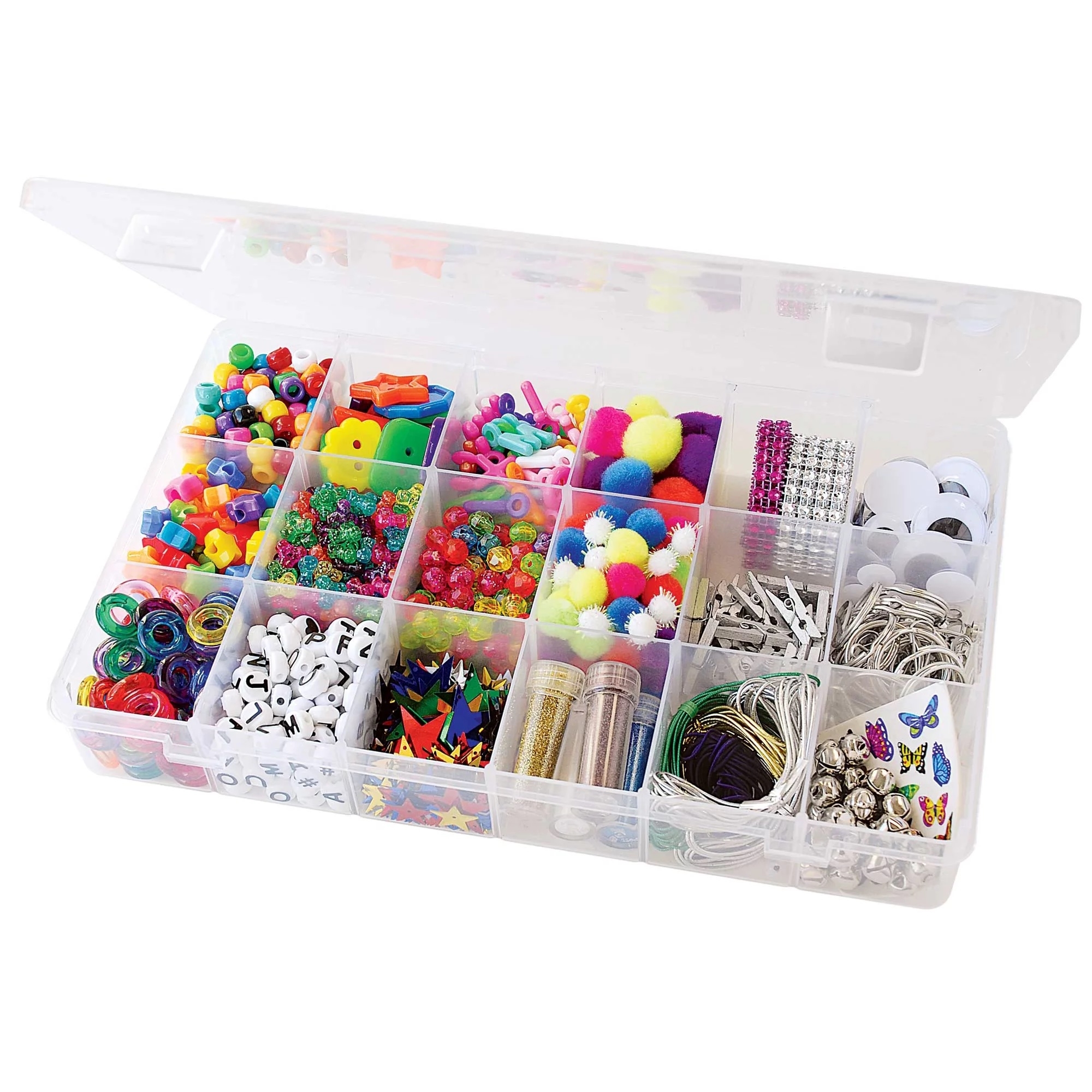 organizer filled with various beads, string, stickers, etc.