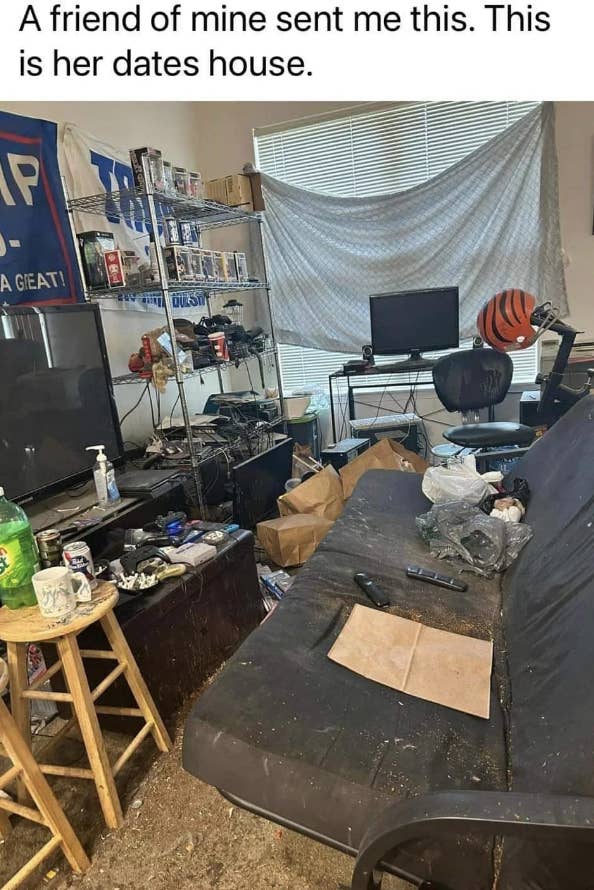 a very dirty living room with trash everywhere
