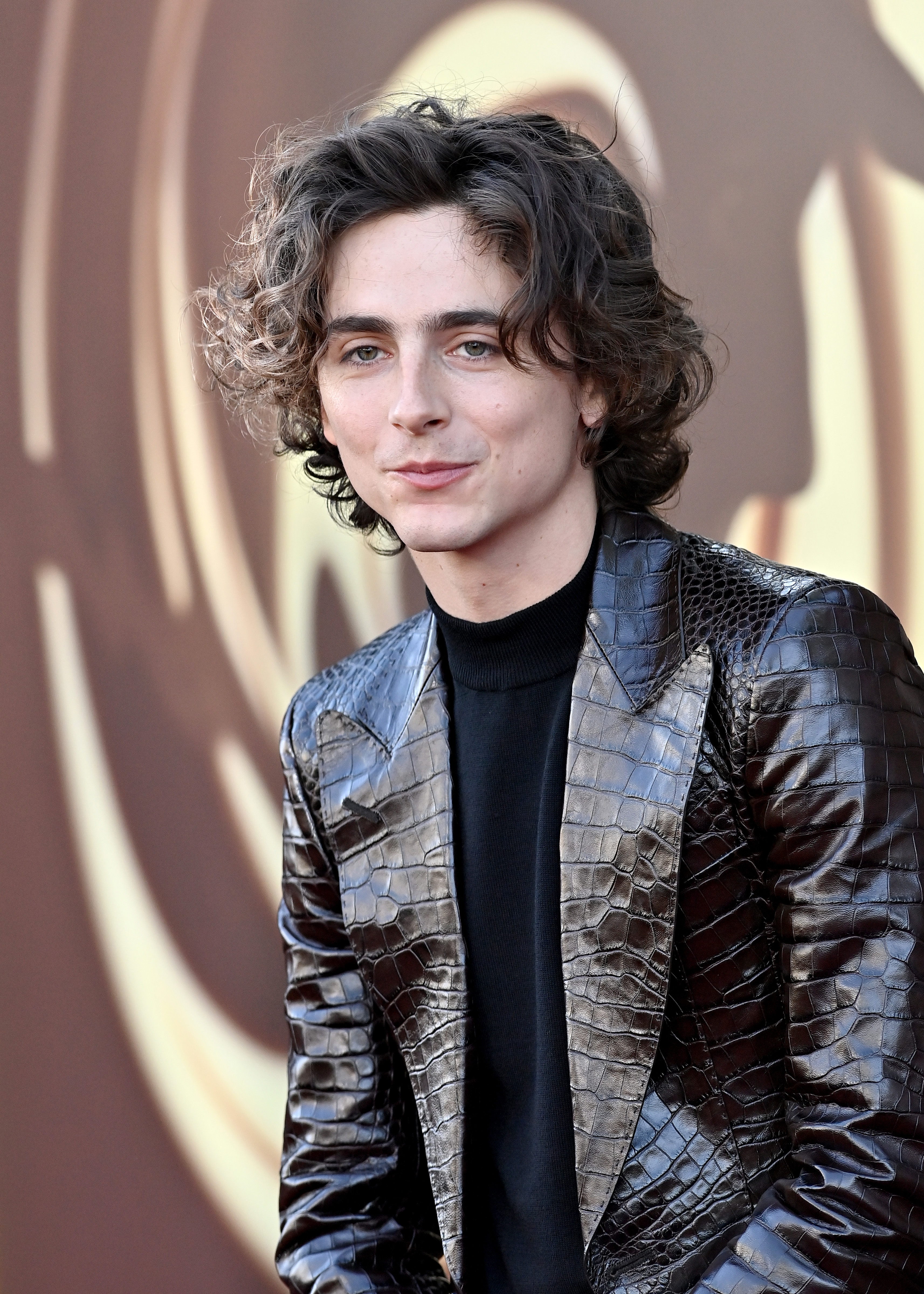 Close-up of Timothée in a shiny suit jacket