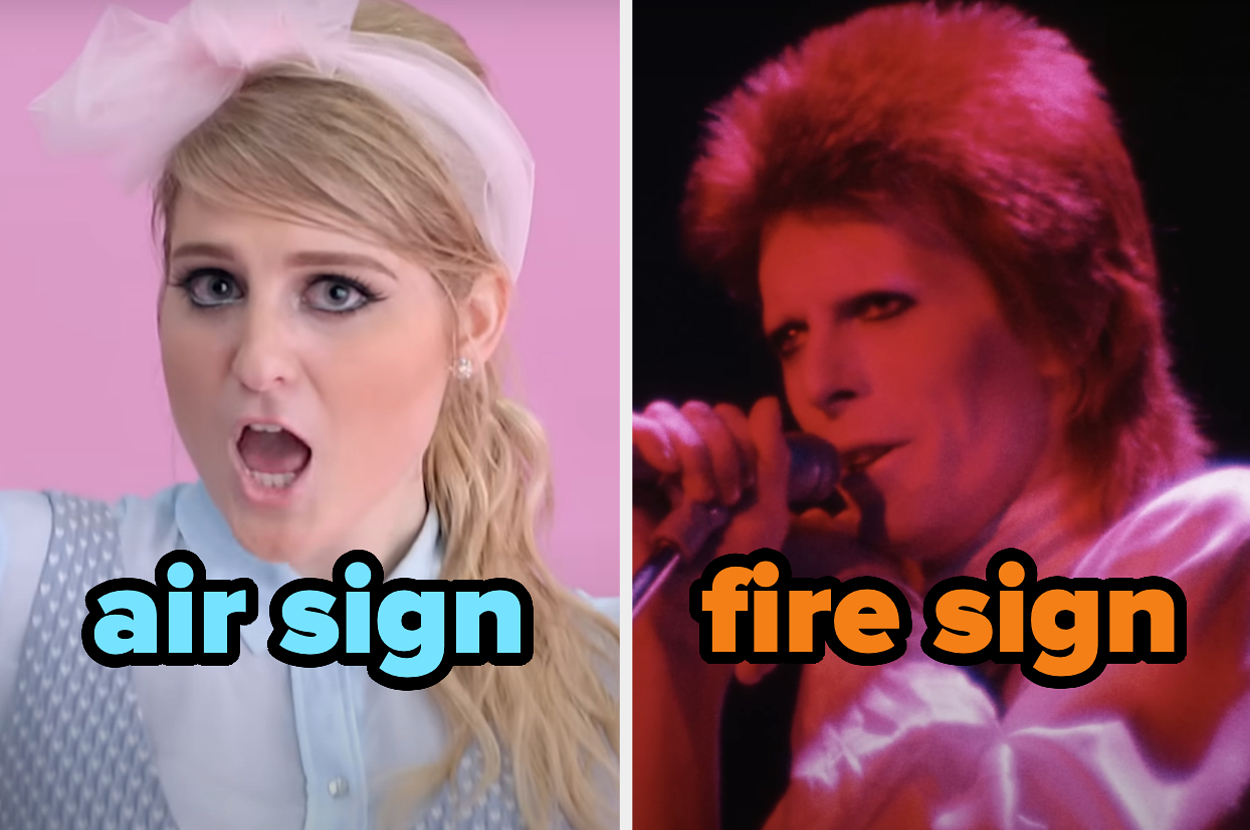 On the left, Meghan Trainor in the All About That Bass music video labeled air sign, and on the right, David Bowie singing Ziggy Stardust labeled fire sign