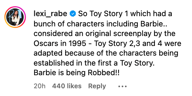 so toy story is considered an original screenplay by Oscars in 1995, barbie is being robbed