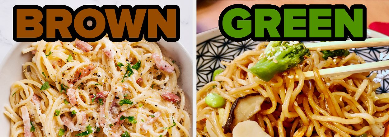 On the left, some carbonara labeled brown, and on the right, some veggie yakisoba labeled green