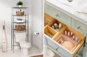 on left: silver over-toilet storage solution with open shelves. on right: open bathroom drawer with organization cubes filled with nail polish and shower essentials