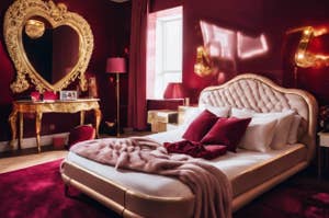 A romantic bedroom with plenty of pink and red and gold accents.