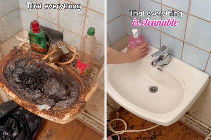 A dirty sink before and after