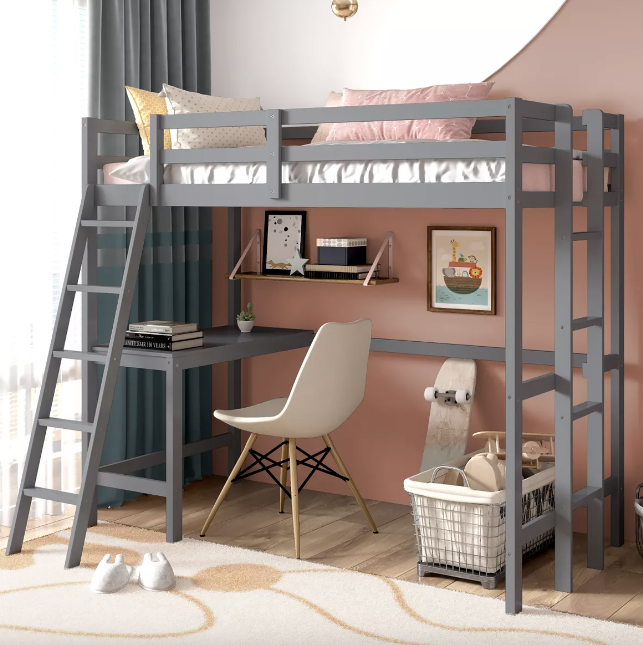gray twin loft bed with desk area underneath