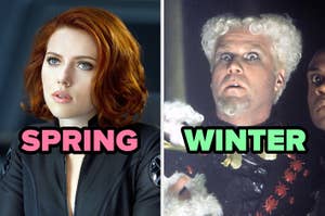 On the left, Scarlett Johansson as Black Widow in The Avengers labeled spring, and on the right, Will Ferrell as Mugatu in Zoolander labeled winter