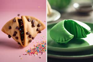 An AI chocolate chip fortune cookie and a green fortune cookie.