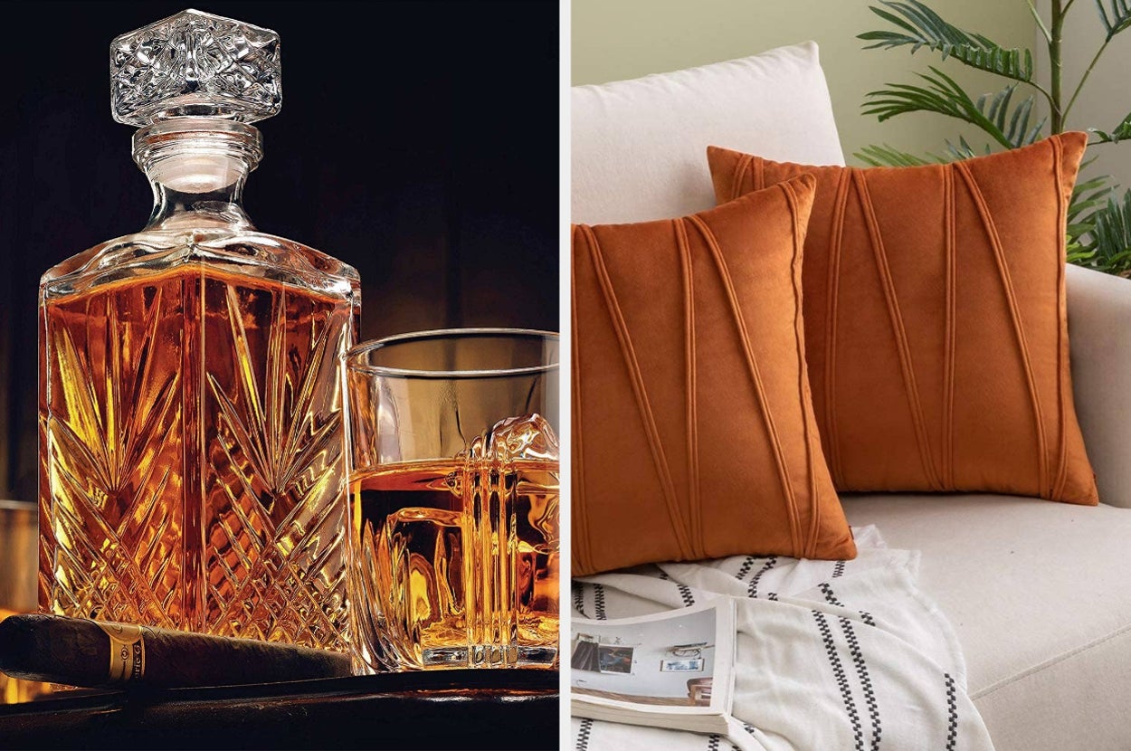 whiskey glass and decanter, velvet throw pillow shams on couch