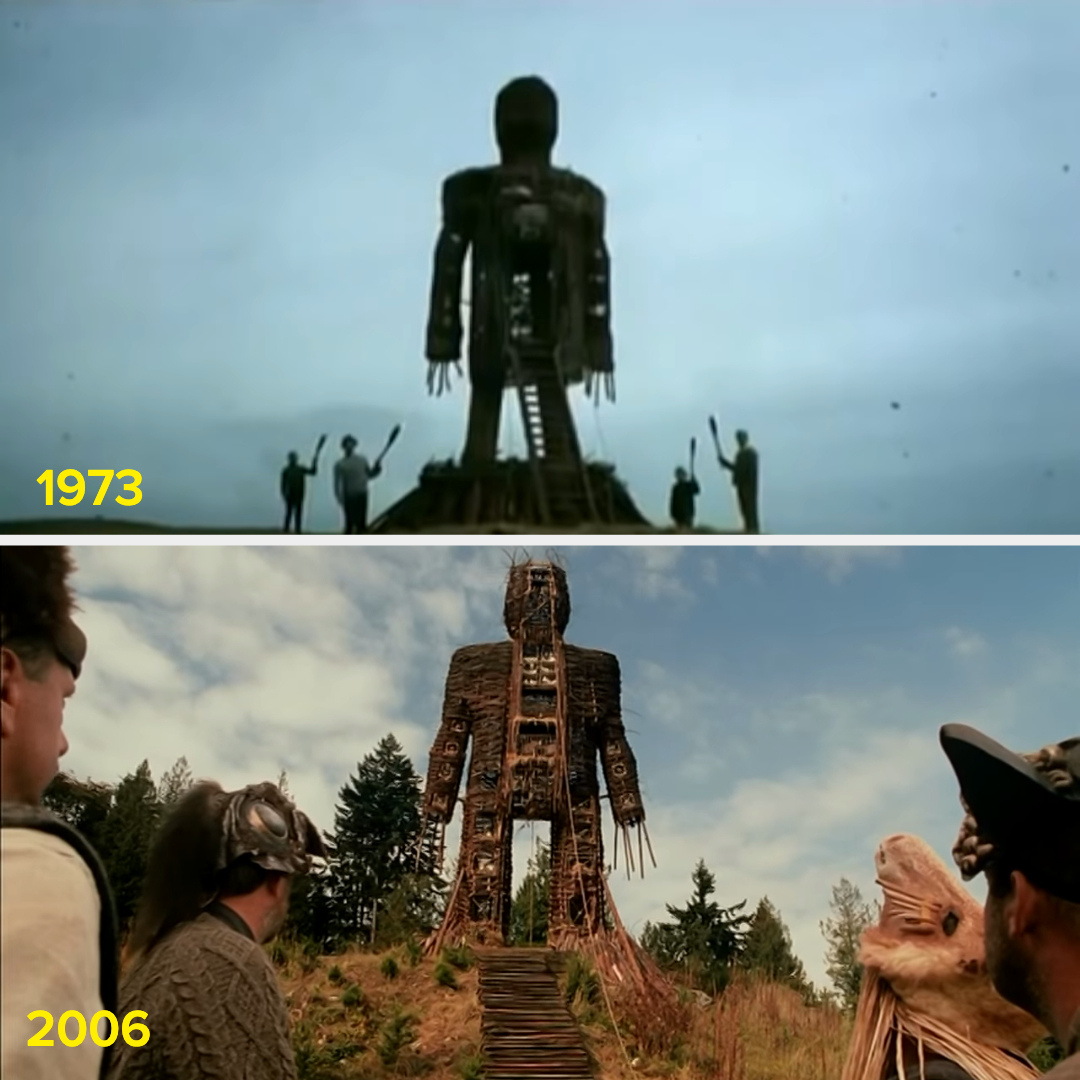 each film has a large wooden statue of a person