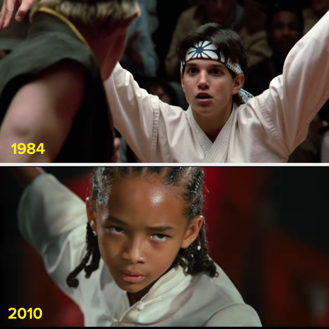 a young karate kid in uniform in the two films