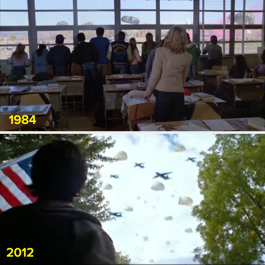 scenes from both films with planes in the sky