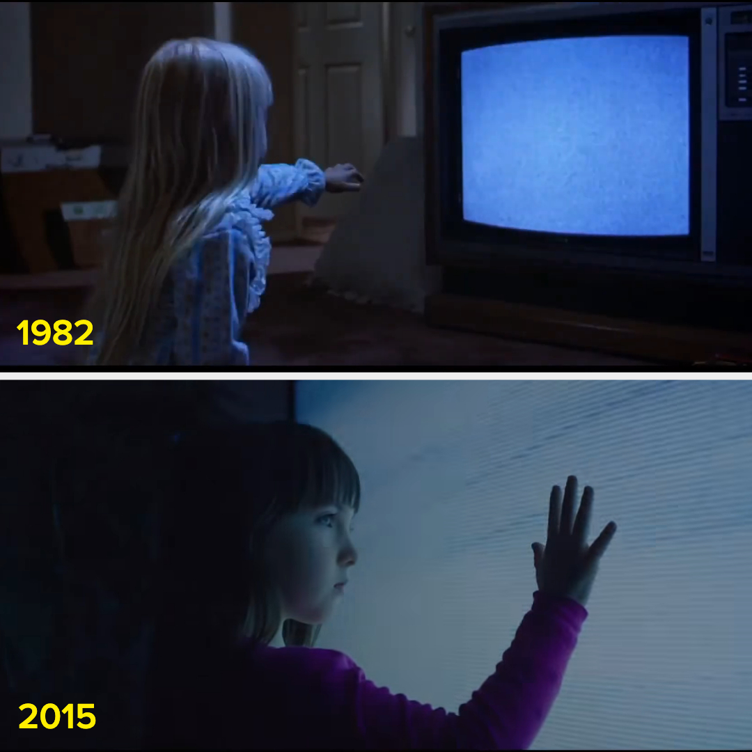 a kid touching the tv in each film