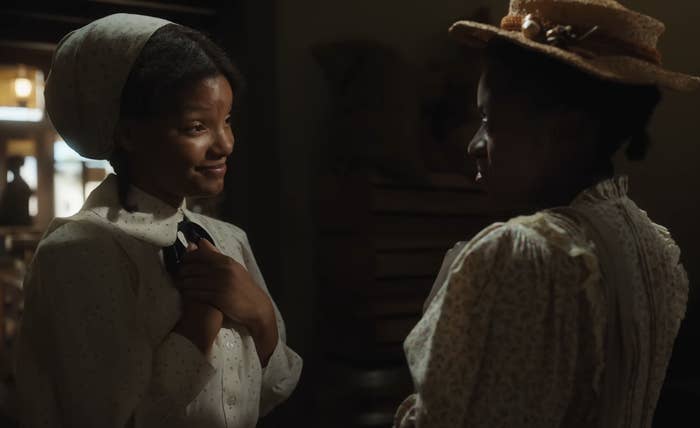 Halle Bailey and Phylicia Pearl Mpasi and Nettie and Celie, respectively, in the movie