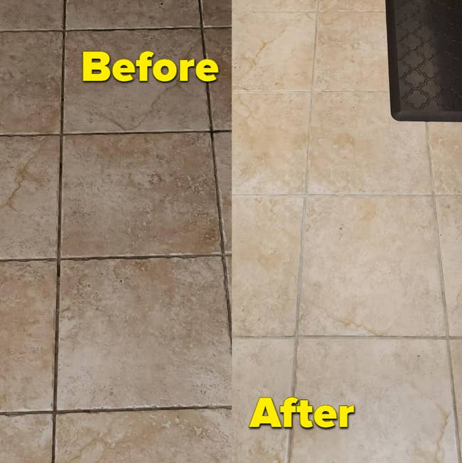 A reviewers floors with dirty grout before using the steam cleaner and the grout clean after