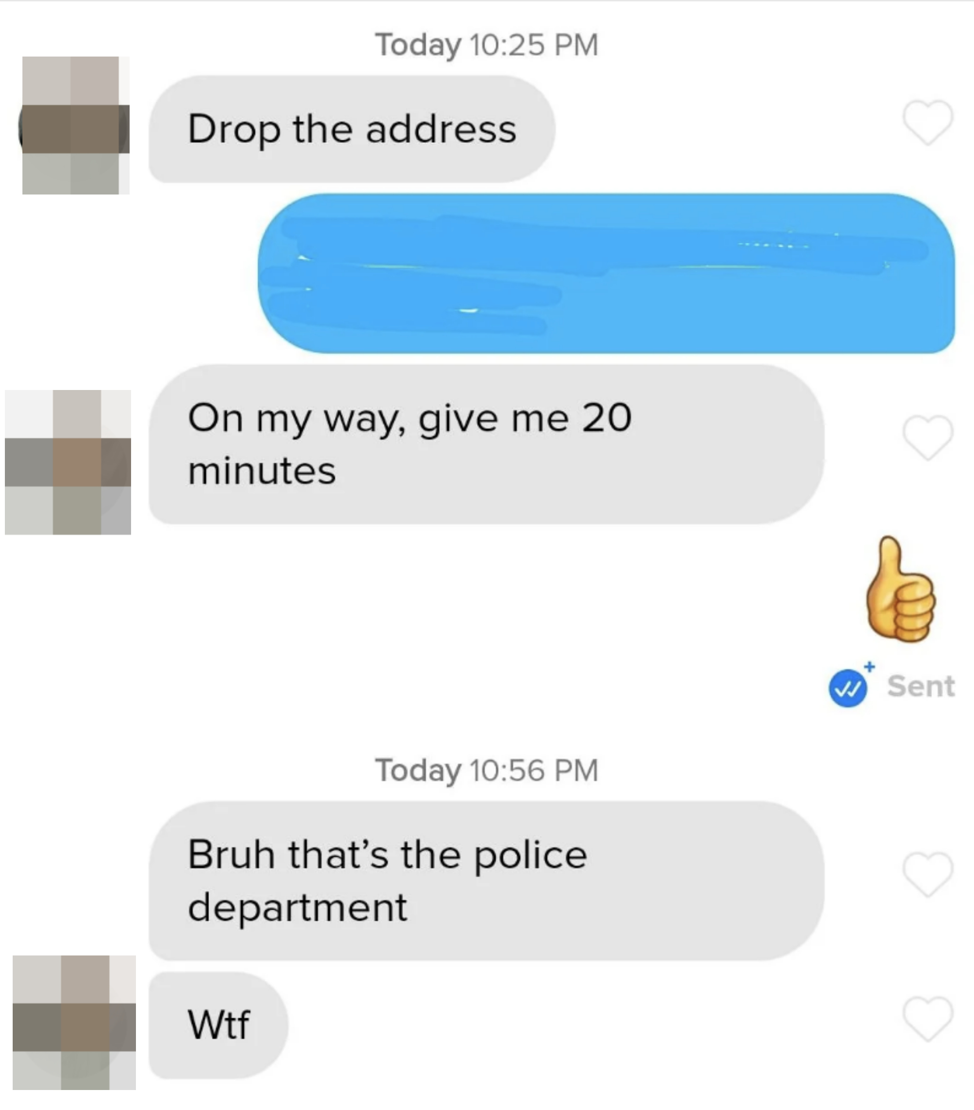 someone gives the other person the address to the police department as their own