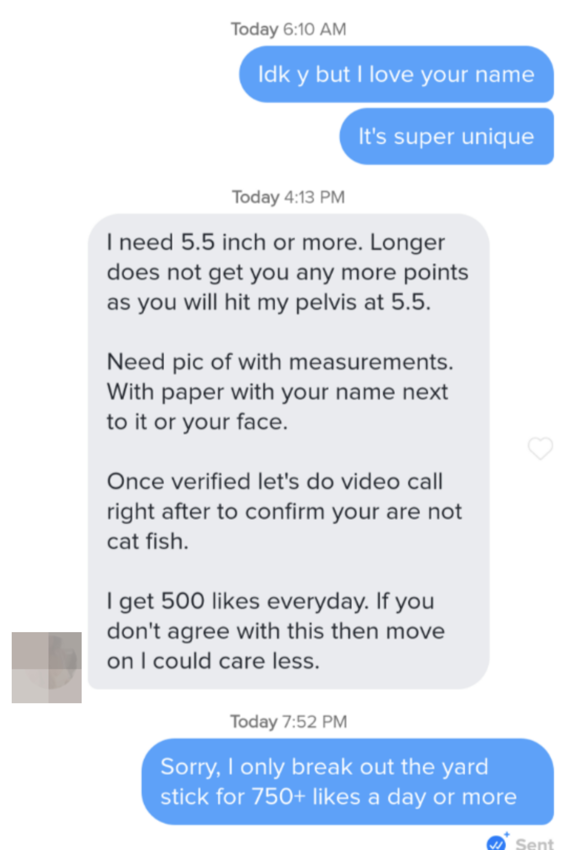 person saying they need person&#x27;s measurements sent, a photo with their name and a video chat so they&#x27;re not being cat fished