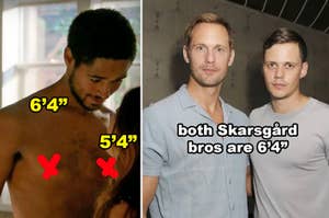 Side-by-sides of a shirtless Alfred Enoch and Bill and Alexander Skarsgård