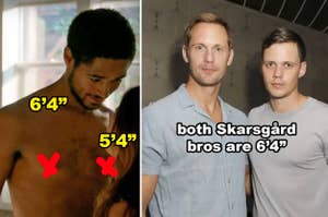 Side-by-sides of a shirtless Alfred Enoch and Bill and Alexander Skarsgård