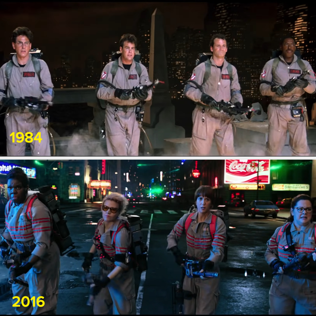 each film with four characters who are dressed in a uniform for ghostbusting