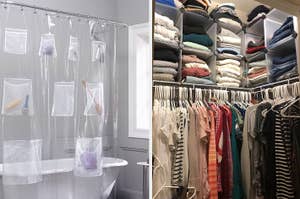 on the left a shower curtain liner with pockets, on the right organizer boxes storing folded clothes on a high closet shelf