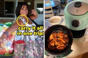 reviewer using click & carry to hold multiple shopping bags / reviewer's teal Dash air fryer and cooked chicken