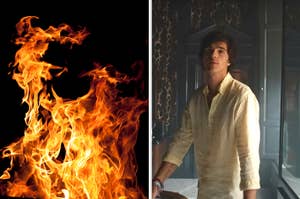 On the left, a roaring fire, and on the right, Jacob Elordi walking through a large home as Felix in Saltburn