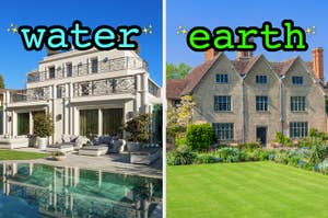 On the left, a large home with a pool out back labeled water, and on the right, a large home with an equally large yard labeled earth