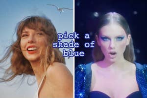 Taylor on the cover of "1989 (Taylor's Version)" and Taylor in a glittery blue cape with intense makeup from "Bejewled."