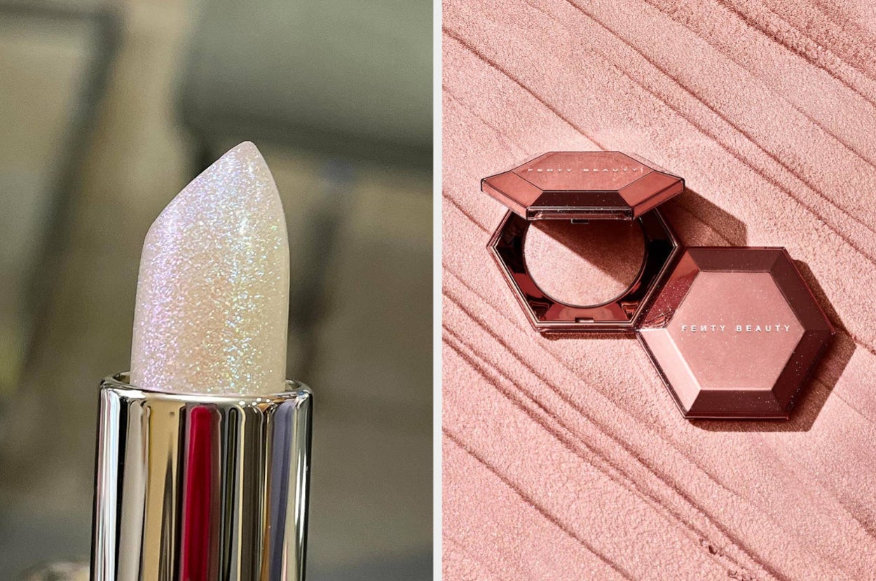 to the left: winxy lux glitter lip balm, to the right: fenty beauty shimmer highlighter