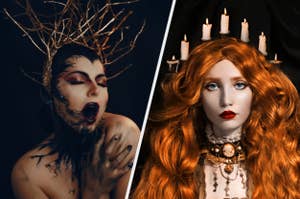 A woman with black makeup and and a crown of gold branches. A woman with red hair and a crown of candles.