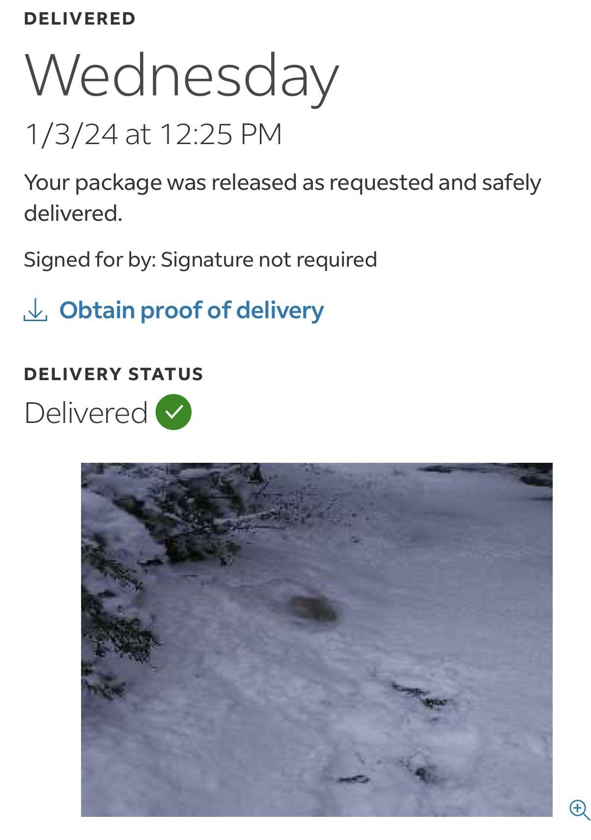 A notification of a package having been delivered, with a photo of a snowy scene and no visible package accompanying it