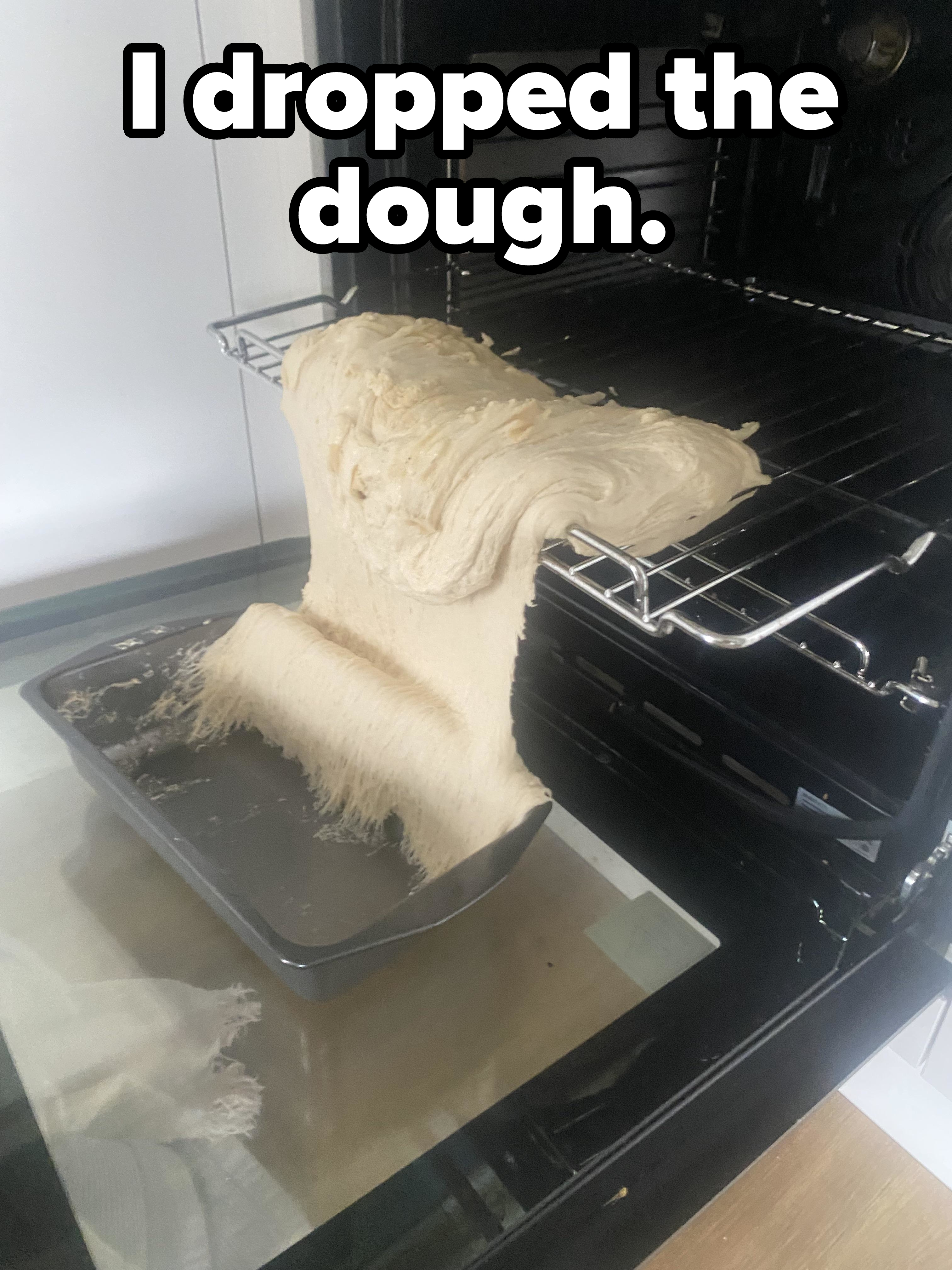 Dough spilling out of a pan to cover the shelf of an oven